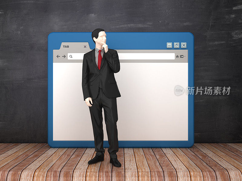 Web浏览器与商业人士在黑板背景- 3D渲染